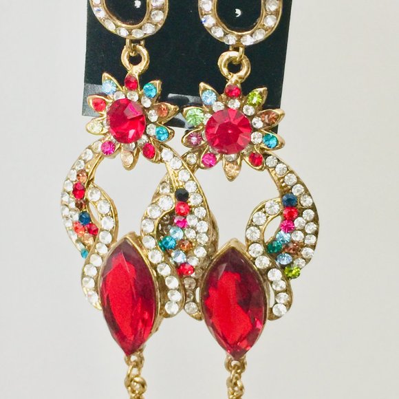 Red Multi-Coloured Stones Fancy Party Wear Long Earrings - Fashion Jewelry - Picture 3 of 4